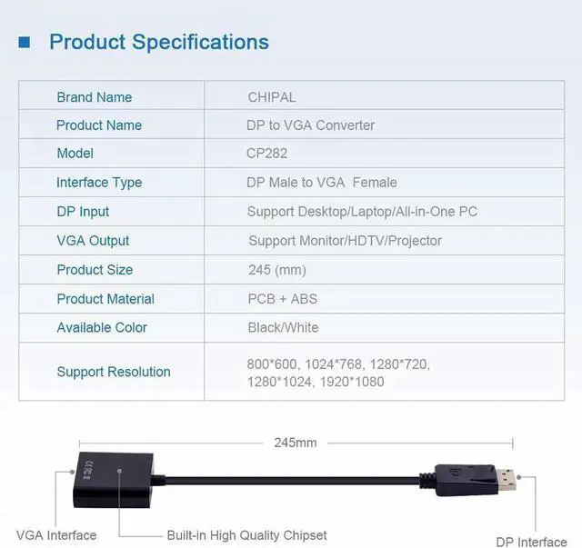 Alt view image 4 of 5 - Display Port DP to VGA Adapter Cable Male to Female Converter for PC Computer Laptop HDTV Monitor Projector