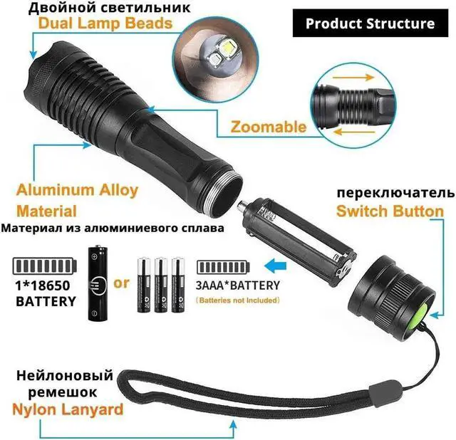 Alt view image 2 of 5 - led flashlight Waterproof Torch T6&UV LED Multi-function flash light use 18650 battery portable Urine Stains tactical light
