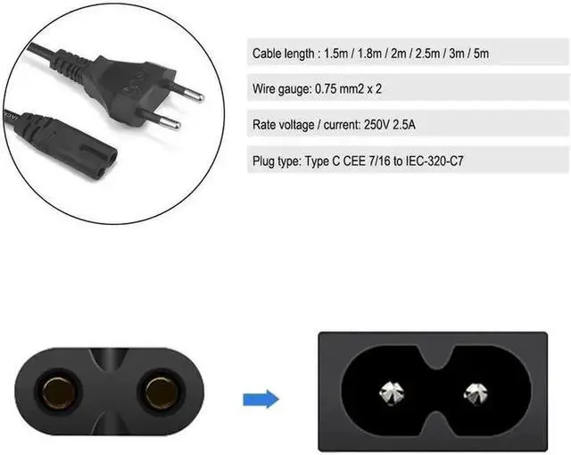 Alt view image 4 of 5 - 2 Pin Prong EU Cable Power Supply Cord Console Cord C7 Cable Figure 8 Power Cable For Power Supply XBOX PS4 Laptop
