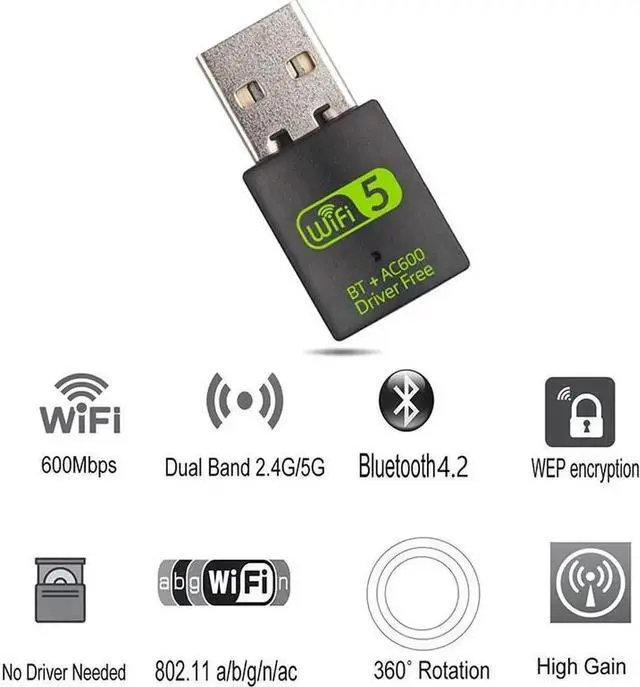 Alt view image 4 of 5 - WiFi Bluetooth Adapter 600Mbps Dual Band 2.4/5Ghz Wireless External Receiver Mini WiFi Dongle for PC/Laptop/Desktop