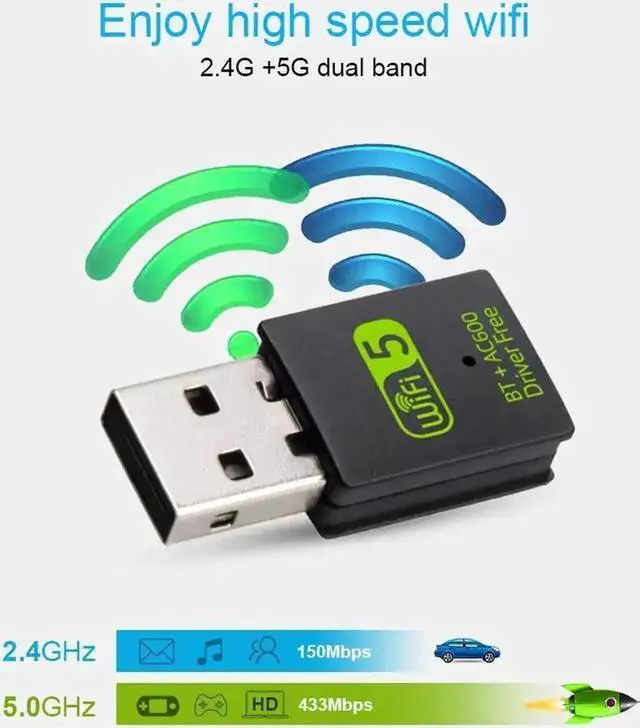 Alt view image 2 of 5 - WiFi Bluetooth Adapter 600Mbps Dual Band 2.4/5Ghz Wireless External Receiver Mini WiFi Dongle for PC/Laptop/Desktop