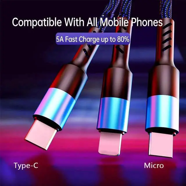 Alt view image 4 of 5 - 5A Super Charge 3 In 1 USB Type C Cable for S20 Redmi Note 9s P40 Nintendo Switch Multiple Usb Charger Cable