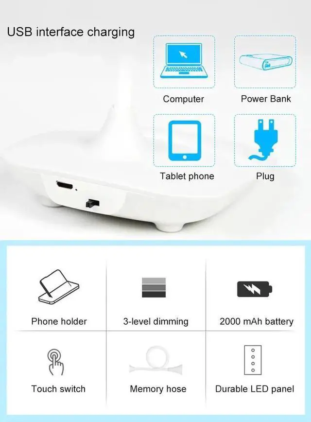 Alt view image 5 of 5 - 4W Brightness 360 degree Foldable USB Rechargeable Touch Sensor Table LED Lamp 3 level Dimmable Reading Study Desk Light ZZD0013