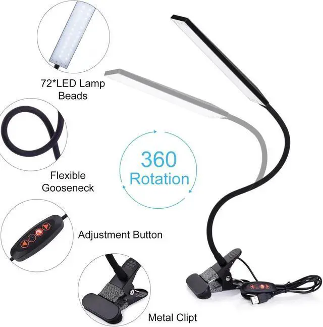 Alt view image 4 of 5 - USB Rechargeable Led Desk Lamp 5W LED Clip on Desk Lamp with 3 Modes 48pcs lamp beads Dimmer 14 Levels Clamp Table Lamp