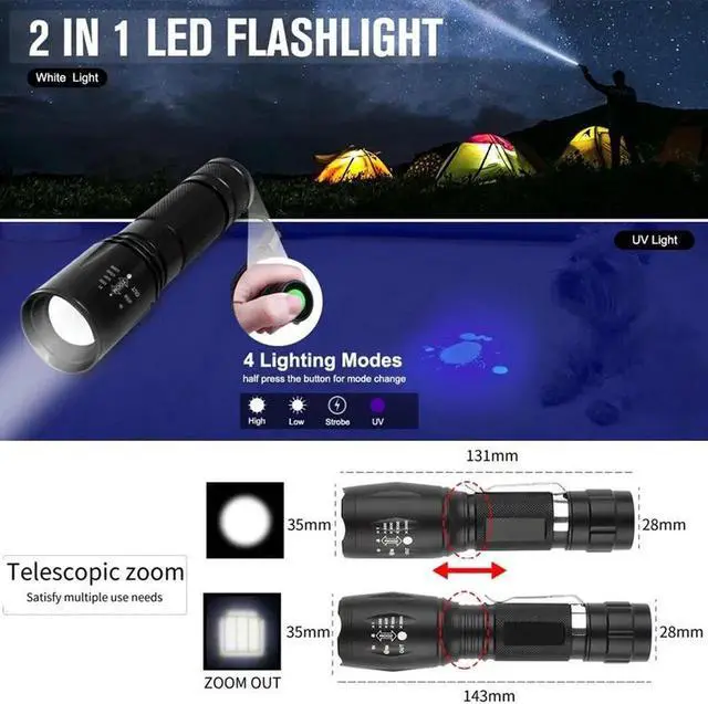 Alt view image 5 of 5 - Portable UV LED Flashlight 2 in 1 Purple White Light Flashlight Black Light Ultraviolet Torch Ultraviolet Room Urine Detector