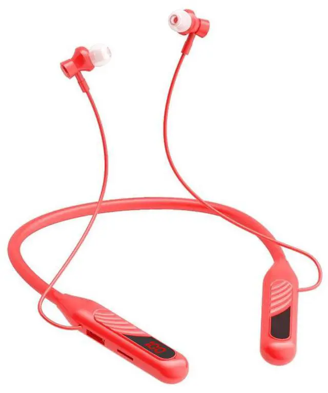 Alt view image 3 of 5 - Wireless Bluetooth headphones, featuring a sporty neck strap design, have a large battery capacity, are equipped with a digital display, and have noise reduction function. Pink