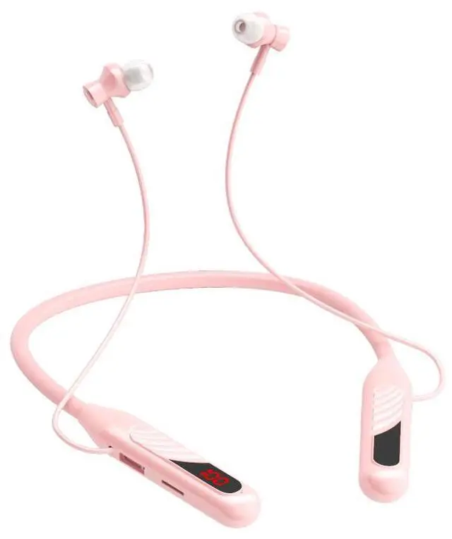 Alt view image 2 of 5 - Wireless Bluetooth headphones, featuring a sporty neck strap design, have a large battery capacity, are equipped with a digital display, and have noise reduction function. Pink