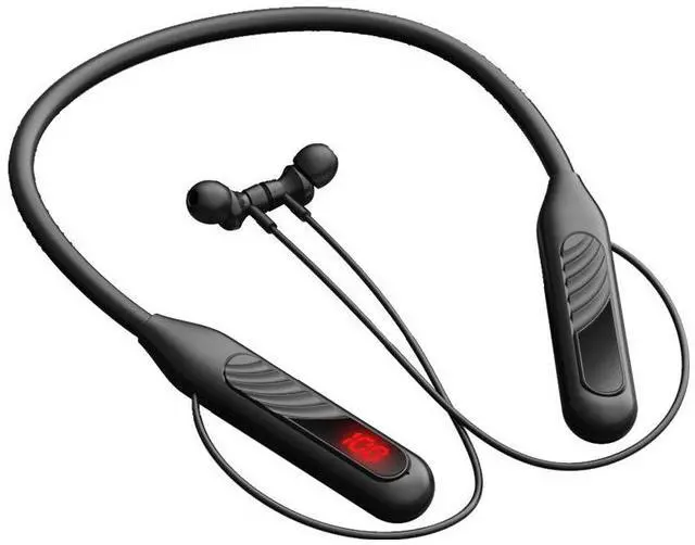 Alt view image 5 of 5 - Wireless Bluetooth headphones, featuring a sporty neck strap design, have a large battery capacity, are equipped with a digital display, and have noise reduction function. Pink