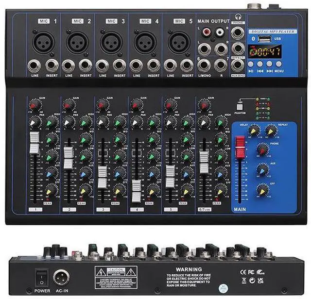 Alt view image 2 of 5 - Small 4-channel and 7-channel mixing console with loopback for live streaming in home stage, equipped with USB and Bluetooth DJ mixer for audio mixing.