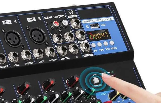 Alt view image 3 of 5 - Small 4-channel and 7-channel mixing console with loopback for live streaming in home stage, equipped with USB and Bluetooth DJ mixer for audio mixing.