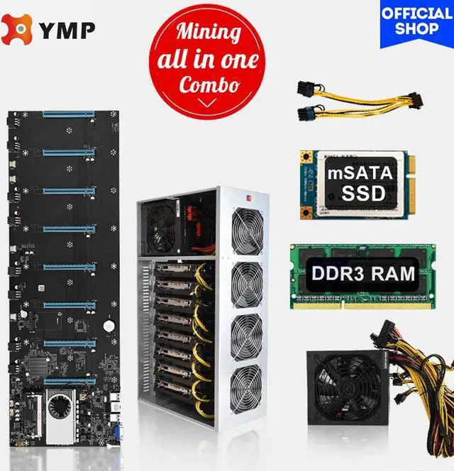 Main image of 8 Gpu Mining Motherboard with CPU and SSD 128GB DDR3 + 8GB RAM + Chassis + power supply 1850W Kit Mining crypto ETH Set S37 Rigs Box