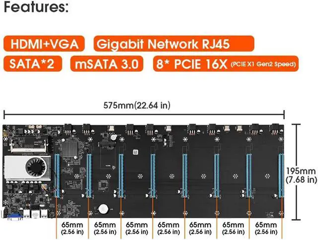 Alt view image 3 of 5 - 8 Gpu Mining Motherboard with CPU and SSD 128GB DDR3 + 8GB RAM + Chassis + power supply 1850W Kit Mining crypto ETH Set S37 Rigs Box