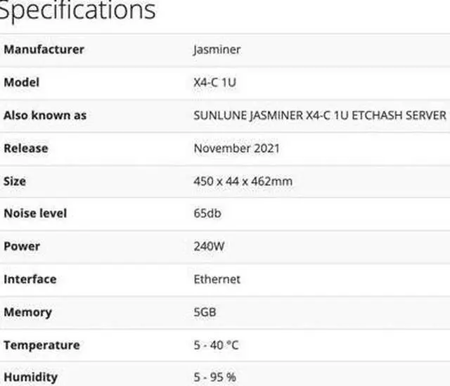 Alt view image 4 of 4 - Jasminer X4 Miner C-1U Server Architecture 450MH/s Hashrate 240W Power Consumation Miner ETH Miner ETC Miner