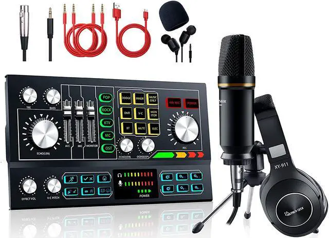 Main image of Podcast Equipment Bundle Aluminum Alloy Panel with Studio Condenser Microphone Sound DJ Mixer Broadcast ALL-IN-ONE Audio Interface [DIY Sound Effect] For PC/Laptop/Phone,Streaming/Podcasting/Recording