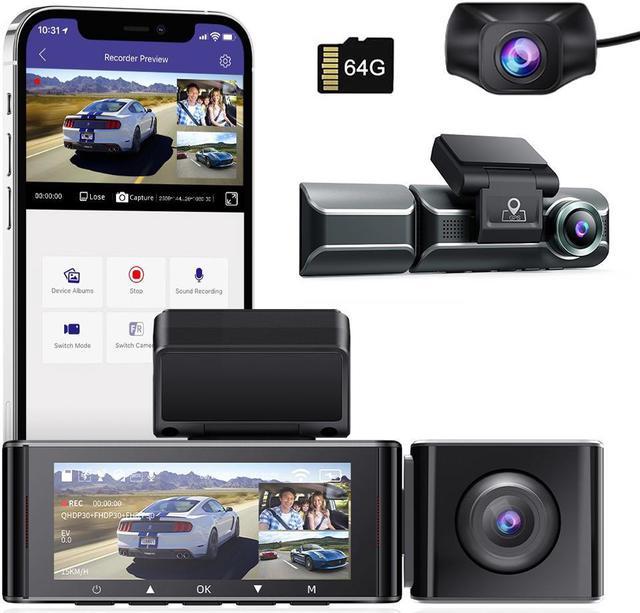 AZDOME M550 Dash Cam 3 Channel, Front Inside Rear 1440P+1080P+1080P Car  Dashboard Camera Recorder, 4K+1080P Dual, 3.19 IPS, Built in WiFi GPS, IR  Night Vision, Capacitor, Parking Mode, with 64GB Card 