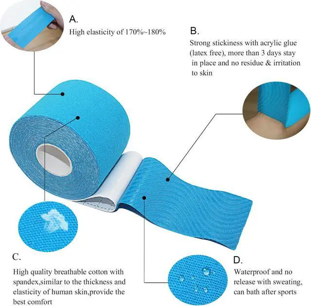 Alt view image 4 of 7 - COMOmed Kinesiology Tape Water Resistant Uncut Sports Tape - 2 in x 16.5 ft - Professional Kinesiology Therapeutic Sports Tape,Blue, Latex Free 2Rolls
