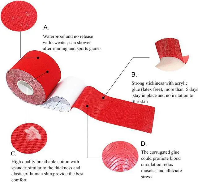 Alt view image 4 of 7 - COMOmed Kinesiology Tape Water Resistant Uncut Sports Tape - 2 in x 16.5 ft - Professional Kinesiology Therapeutic Sports Tape,Red,Latex Free 6 Rolls