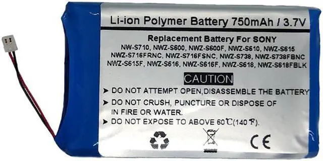 Main image of 3.7V/750mAH Replacement Battery for Sony NW-S710, NWZ-S600, NWZ-S600F, NWZ-S610, NWZ-S615, NWZ-S615F, NWZ-S616, NWZ-S616F, NWZ-S618, NWZ-S618FBLK, NWZ-S716FRNC, NWZ-S716FSNC, NWZ-S738, NWZ-S738FBNC