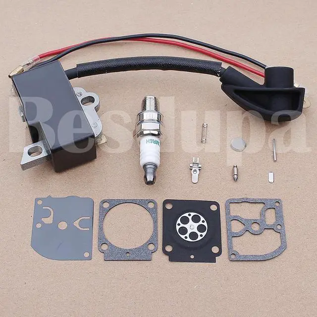 Alt view image 2 of 3 - Ignition Coil Carburetor Repair Kit For Stihl HS81 HS81R HS81T HS86 HS86R Trimmer Replacement 4237 400 1302 w Spark Plug