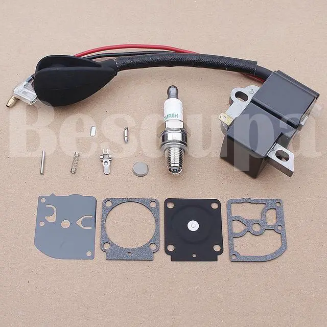 Alt view image 3 of 3 - Ignition Coil Carburetor Repair Kit For Stihl HS81 HS81R HS81T HS86 HS86R Trimmer Replacement 4237 400 1302 w Spark Plug