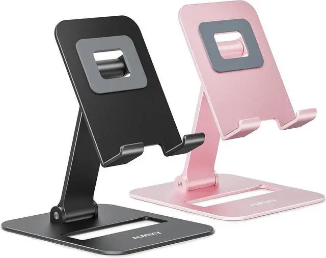 Main image of 2 Pack Dual Folding Cell Phone Stand Fully Adjustable Phone Holder for Desk Compatible with iPhone 16 15 14 13 12 11 Nintendo Switch All Phones Black & Rose Gold