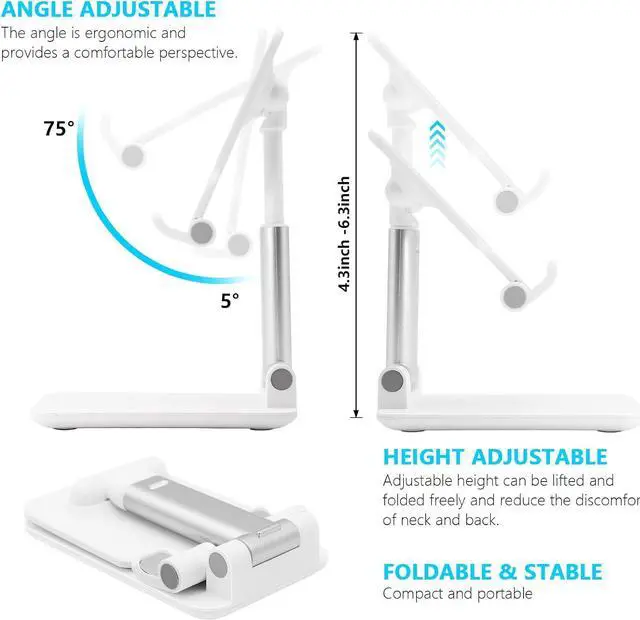 Alt view image 4 of 7 - Cell Phone Stand Folding Desktop Phone Stand Angle Height Adjustable Mobile Phone Holder for Desk Office Tablet Stand Compatible with All Phones 4-10 Cellphone & Tablet (White)