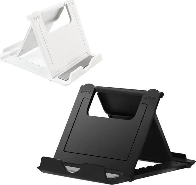 Main image of 2 Pack Portable Cell Phone Stand Holder for Desk Foldable Pocket-Sized Mount Universal Adjustable Desktop Mobile Phone Kickstand Compatible with iPhone IPads Kindle Android Black & White