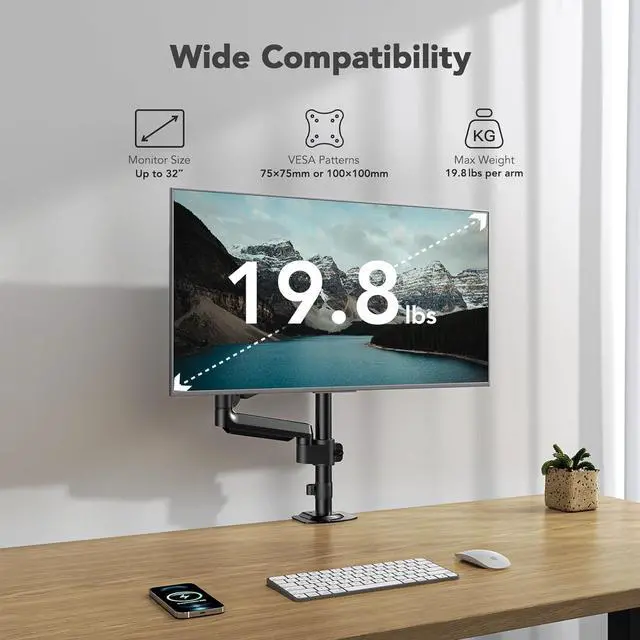 Alt view image 2 of 7 - HUANUO Single Monitor Arm, Tall Computer Monitor Stand for 1332 inch Screens Holds 4.4-19.8 lbs, Adjustable Monitor Mount Gas Spring Full Motion with C-Clamp & Grommet Base, VESA 75x75 or 100x100mm