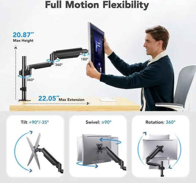 Alt view image 4 of 7 - HUANUO Single Monitor Arm, Tall Computer Monitor Stand for 1332 inch Screens Holds 4.4-19.8 lbs, Adjustable Monitor Mount Gas Spring Full Motion with C-Clamp & Grommet Base, VESA 75x75 or 100x100mm