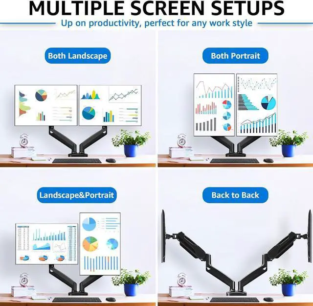 Alt view image 2 of 7 - MOUNTUP Dual Monitor Stand for Desk, Adjustable Gas Spring Double Monitor Mount Holds 4.4-17.6 lbs and 13-32 Inch Screens, Monitor Arms for 2 Monitors, VESA 75x75 100x100 with C-clamp& Grommet, Black