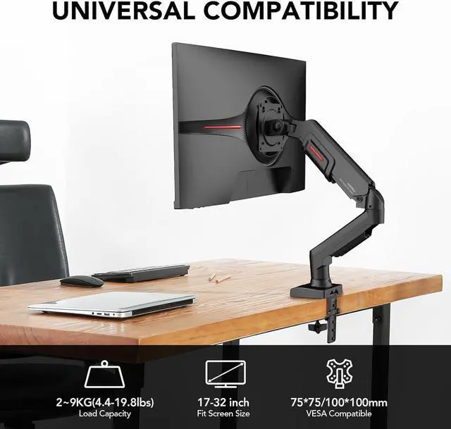 Alt view image 3 of 7 - KOORUI Single Monitor Mount, Rotation, Swivel, Tilt, Adjustable Gas Spring Display Arm Fits 17-32inch, 4.4-19.8lbs Screen, Monitor Stand for Desk with C-clamp/Grommet Mounting Base