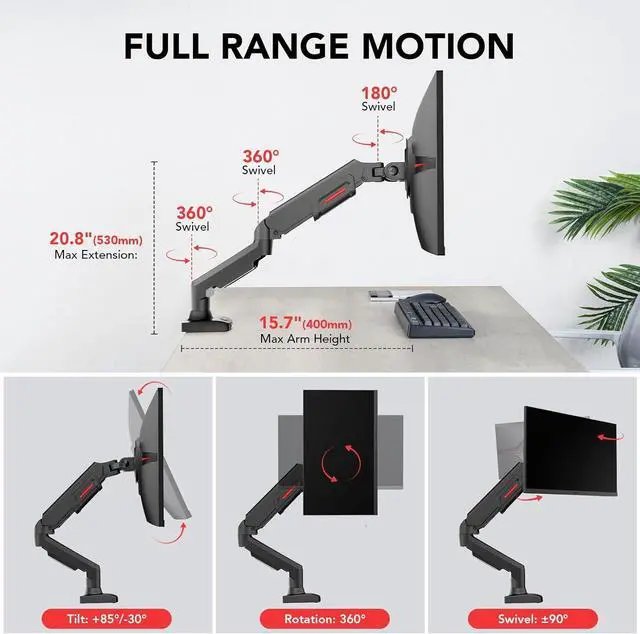Alt view image 2 of 7 - KOORUI Single Monitor Mount, Rotation, Swivel, Tilt, Adjustable Gas Spring Display Arm Fits 17-32inch, 4.4-19.8lbs Screen, Monitor Stand for Desk with C-clamp/Grommet Mounting Base