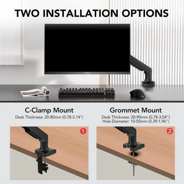 Alt view image 5 of 7 - KOORUI Single Monitor Mount, Rotation, Swivel, Tilt, Adjustable Gas Spring Display Arm Fits 17-32inch, 4.4-19.8lbs Screen, Monitor Stand for Desk with C-clamp/Grommet Mounting Base