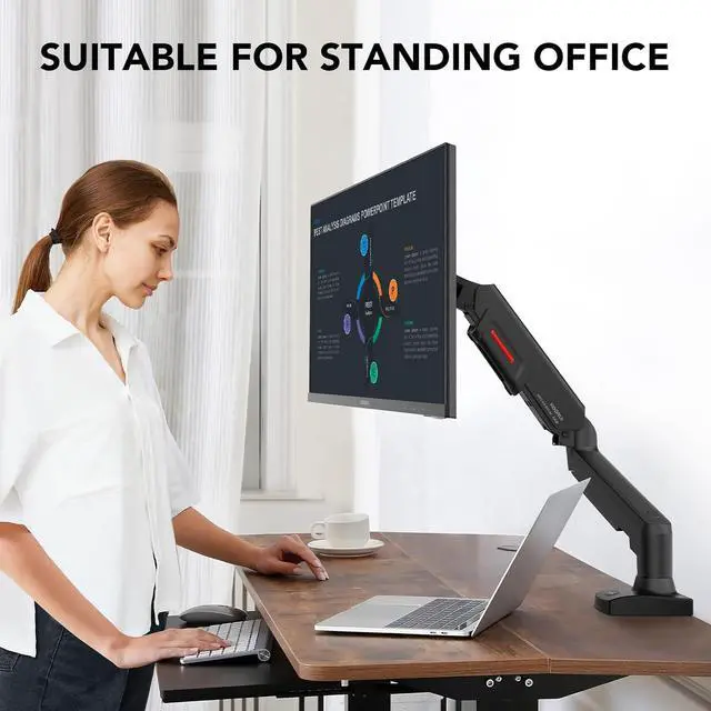 Alt view image 7 of 7 - KOORUI Single Monitor Mount, Rotation, Swivel, Tilt, Adjustable Gas Spring Display Arm Fits 17-32inch, 4.4-19.8lbs Screen, Monitor Stand for Desk with C-clamp/Grommet Mounting Base
