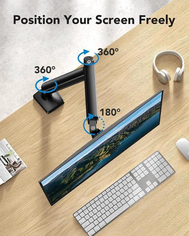 Alt view image 4 of 7 - HUANUO Single Monitor Arm 13-34 Inch, Adjustable Gas Spring Arm, Monitor Desk Mount for 4.4-22lbs, VESA 75/100mm with C-Clamp/Grommet Base, Ergonomic Stand for Work/Gaming