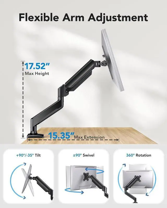 Alt view image 5 of 7 - HUANUO Single Monitor Arm 13-34 Inch, Adjustable Gas Spring Arm, Monitor Desk Mount for 4.4-22lbs, VESA 75/100mm with C-Clamp/Grommet Base, Ergonomic Stand for Work/Gaming