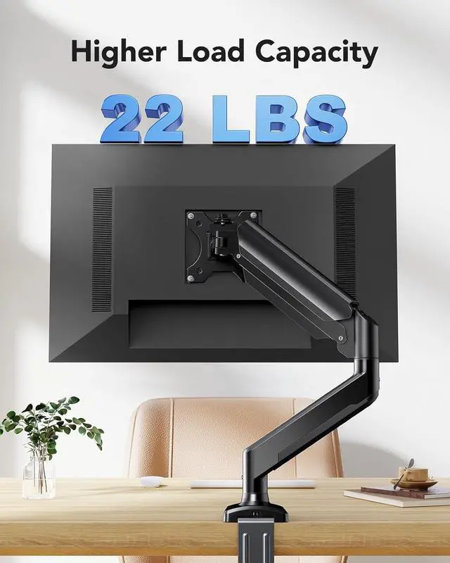 Alt view image 3 of 7 - HUANUO Single Monitor Arm 13-34 Inch, Adjustable Gas Spring Arm, Monitor Desk Mount for 4.4-22lbs, VESA 75/100mm with C-Clamp/Grommet Base, Ergonomic Stand for Work/Gaming