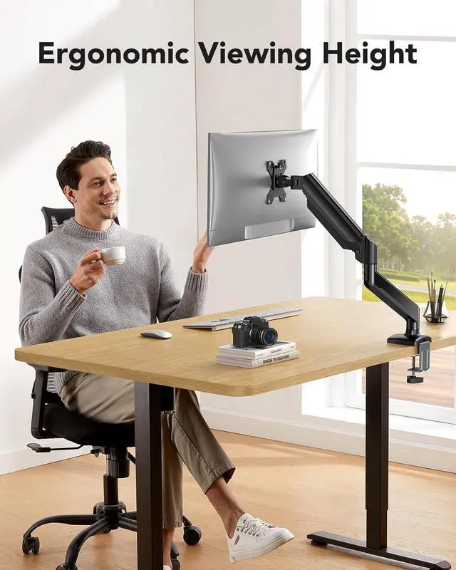 Alt view image 6 of 7 - HUANUO Single Monitor Arm 13-34 Inch, Adjustable Gas Spring Arm, Monitor Desk Mount for 4.4-22lbs, VESA 75/100mm with C-Clamp/Grommet Base, Ergonomic Stand for Work/Gaming