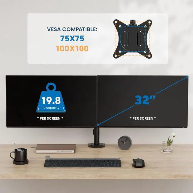 Alt view image 5 of 7 - Mount-It! Dual Monitor Mount, Dual Monitor Arm for 2 Screens, Dual Monitor Desk Mount, Adjustable Tilt and Swivel Arms for Double Screens up to 32 & 19.8 Lbs VESA 75x75 and 100x100 C-clamp & Grommet