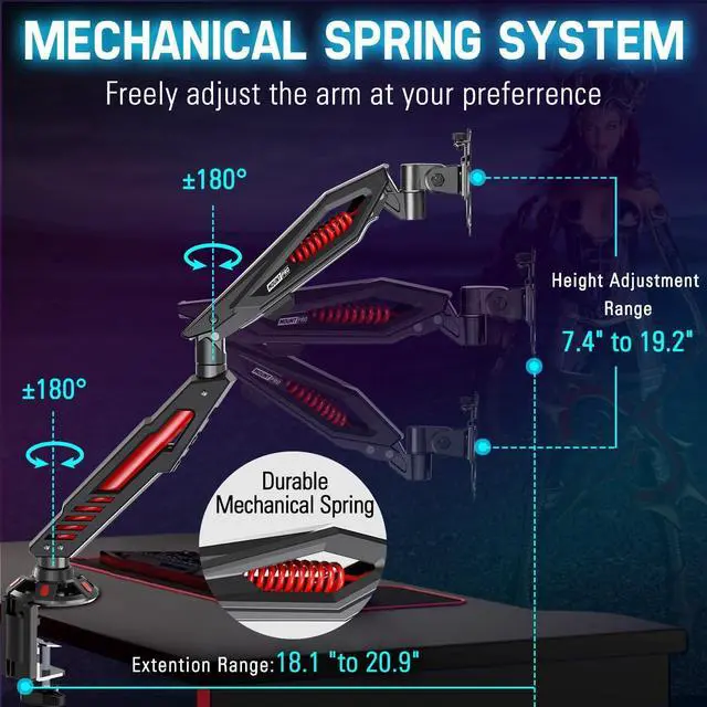 Alt view image 4 of 7 - MOUNT PRO Single Gaming Monitor Stand - Mechanical Spring Display Mount, Adjustable Gaming Monitor Arm with C Clamp and Grommet Mounting Base - Fits for Computer Screen up to 32, VESA 75x75, 100x100