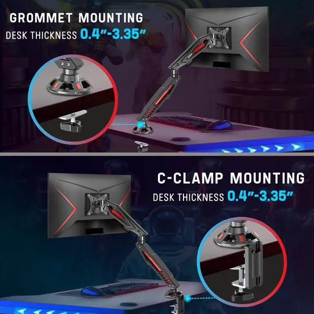 Alt view image 3 of 7 - MOUNT PRO Single Gaming Monitor Stand - Mechanical Spring Display Mount, Adjustable Gaming Monitor Arm with C Clamp and Grommet Mounting Base - Fits for Computer Screen up to 32, VESA 75x75, 100x100