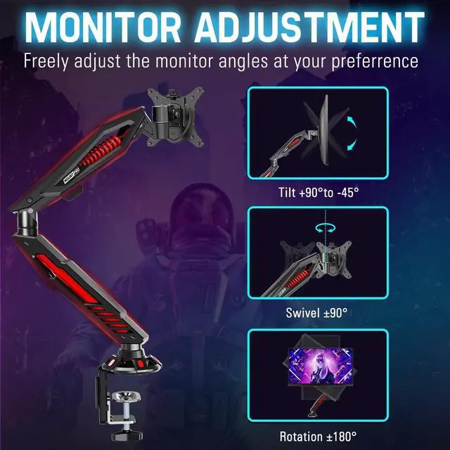 Alt view image 5 of 7 - MOUNT PRO Single Gaming Monitor Stand - Mechanical Spring Display Mount, Adjustable Gaming Monitor Arm with C Clamp and Grommet Mounting Base - Fits for Computer Screen up to 32, VESA 75x75, 100x100