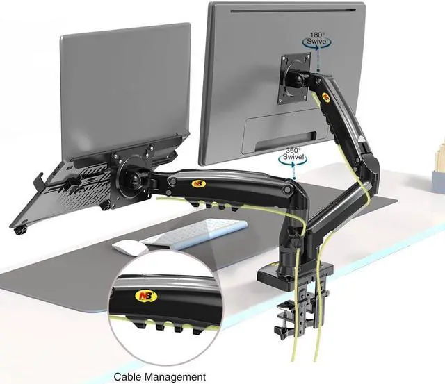 Alt view image 3 of 5 - NB North Bayou Laptop Mount with Adjustable Tray for 10-17Notebook, Full Motion Arm with VESA Plate for 17-30Monitor,Clamp-on Grommet Mounting F160-FP (Black)