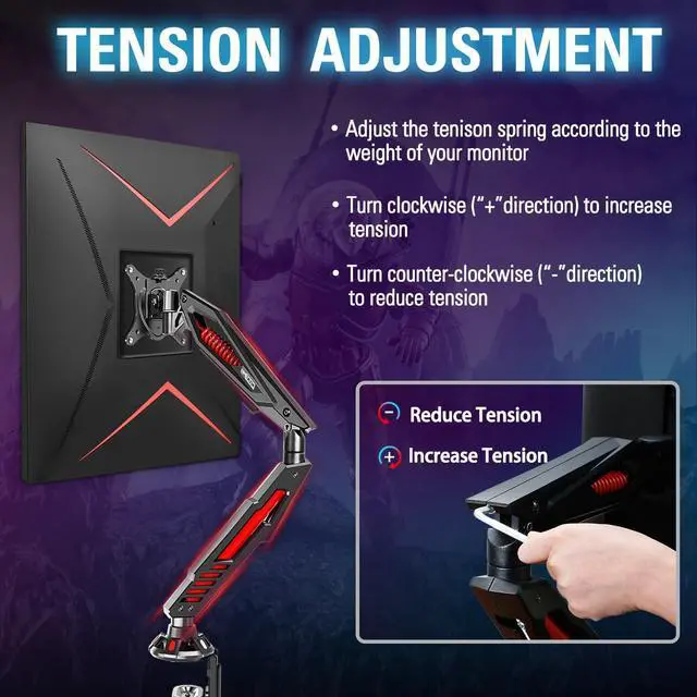 Alt view image 7 of 7 - MOUNT PRO Single Gaming Monitor Stand - Mechanical Spring Display Mount, Adjustable Gaming Monitor Arm with C Clamp and Grommet Mounting Base - Fits for Computer Screen up to 32, VESA 75x75, 100x100