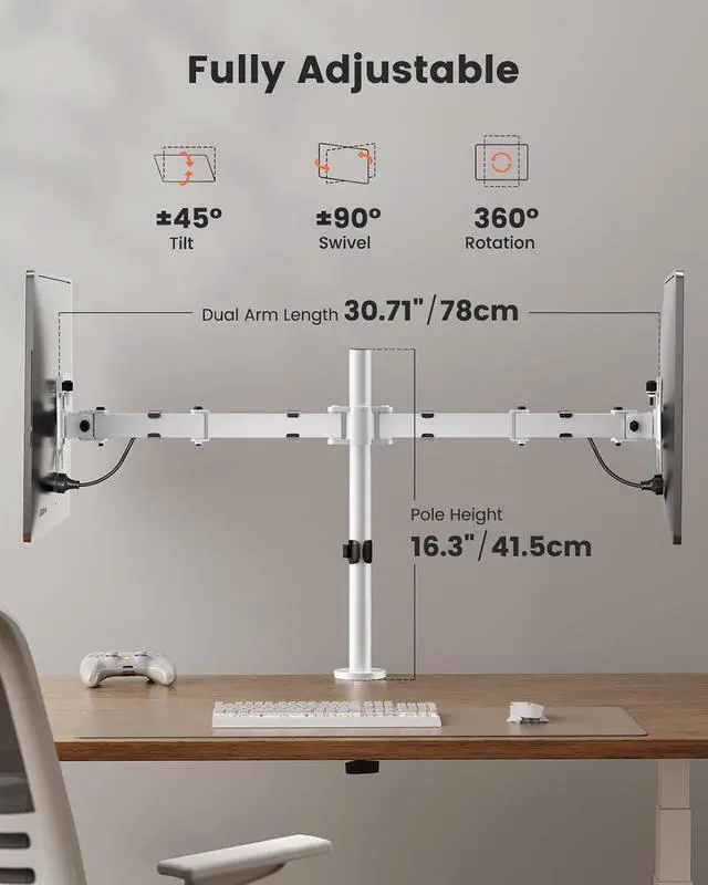 Alt view image 4 of 6 - ErGear Fully Adjustable Dual Monitor Mount for 2 Screens up to 32 Inches, Holds up to 17.6 lbs Each Arm, Desk Stand, White