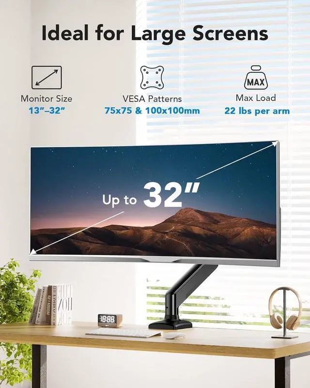 Alt view image 3 of 7 - HUANUO Single Monitor Mount for 1332 Screens up to 22 lbs, Height Adjustable Monitor Arm, Home Office Monitor Stand Full Motion with C-Clamp & Grommet Base, VESA 75x75 or 100x100mm