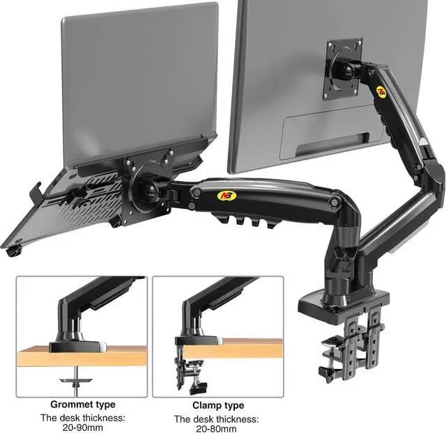 Alt view image 5 of 5 - NB North Bayou Laptop Mount with Adjustable Tray for 10-17Notebook, Full Motion Arm with VESA Plate for 17-30Monitor,Clamp-on Grommet Mounting F160-FP (Black)