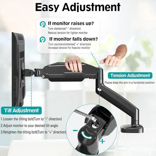 Alt view image 2 of 7 - MOUNT PRO Single Monitor Desk Mount - Articulating Gas Spring Arm, Removable VESA Monitor Mount Computer Monitor Stand with Clamp and Grommet Base Fits 13 to 32 Inch Screen, VESA 75x75, 100x100, Black