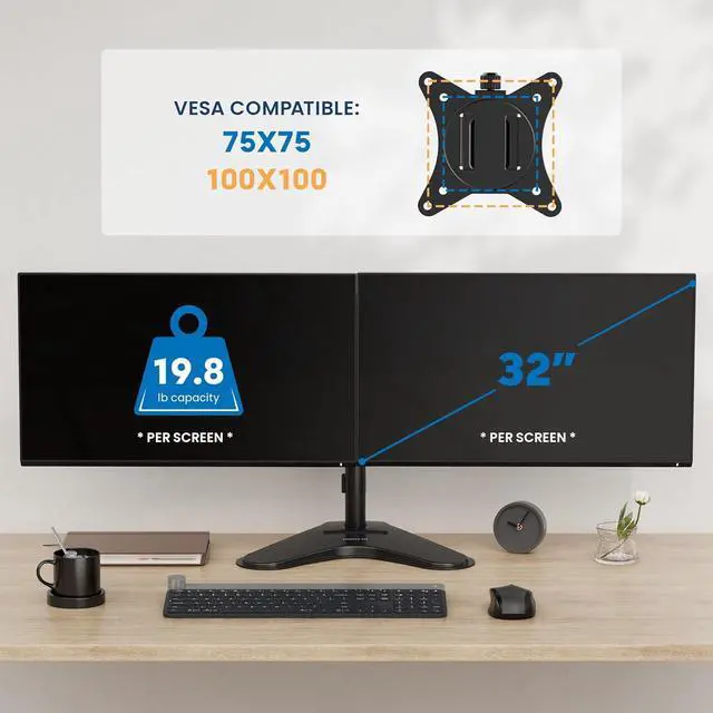 Alt view image 4 of 7 - Mount-It! Dual Monitor Stand for Desk, Free Standing Monitor Stands for 2 Screens up to 19.8lbs per Arm, Fully Adjustable Dual Monitor Mount with Tilt, Swivel, Rotation with VESA 75x75 and 100x100