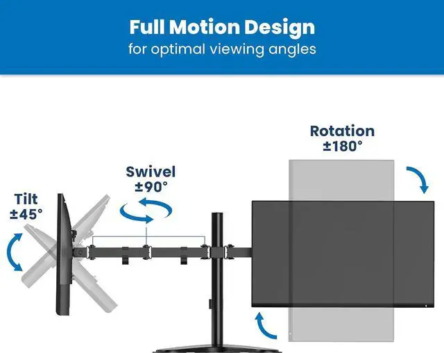 Alt view image 4 of 7 - Mount-It! Dual Monitor Stand for Desks, Dual Monitor Arm Fits 2 Monitors max. 32" / 19.8 lbs, Full Motion Adjustment Monitor Stand with Sturdy Freestanding Base, Incl. Smartphone Slot, Black